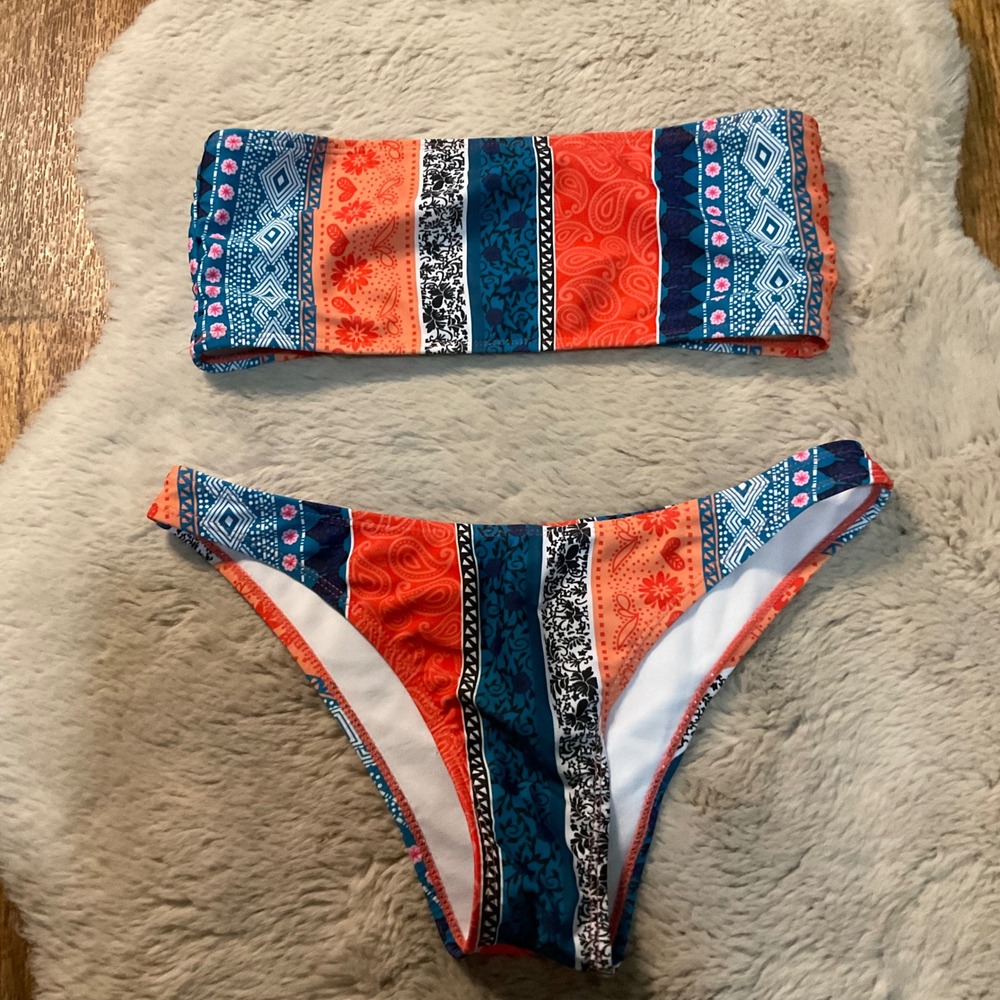 Bikini Swimsuit Halter Top Size Small Multi Color Printed Orange Blue